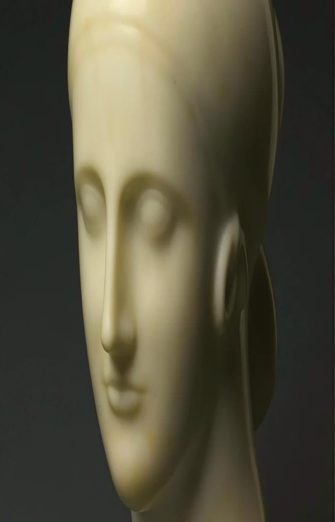 Sculptural golden face in warm light